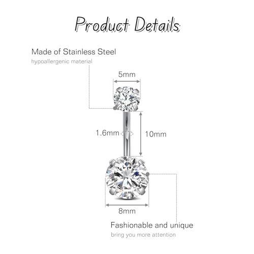 FECTAS 14g Belly Button Rings Surgical Steel CZ Petite Navel Ring for Women Body Piercing Jewelry Petite select Barbell Len 6mm 8mm 10mm 12mm 14mm Silver - style: silver-1pcs-10mm bar