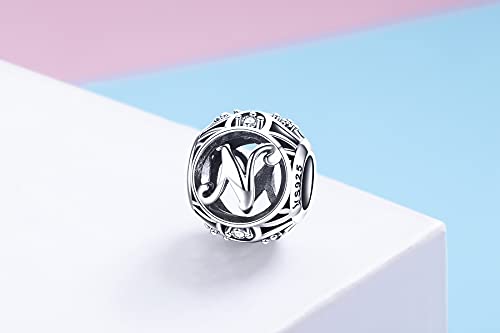Letter Charms 925 Sterling Silver Initial A-Z Bead Charms | For Bracelets Necklaces, Hypoallergenic,Cubic Zirconia Alphabet Beads, Personalized Gifts for Women - color: N