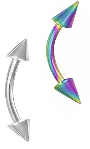 Forbidden Body Jewelry Set of 2: 16g 8mm Daith Earring, Eyebrow Ring and Rook Piercing, Double Spike Curved Barbells