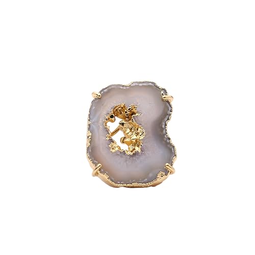 Ring Geode Druzy Slice Unique And Stylish Statement Gold Plated Jewelry Natural Gemstone Stone size 25-35 mm Approximately Adjustable Shank US Scale Size 6-9 - color: Gray, 8