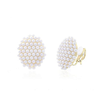 YOQUCOL Simulated Pearl Flower-Cluster Shape Clip On Stud Earrings Non Pierced Ear Earrings for Women - color: Oval