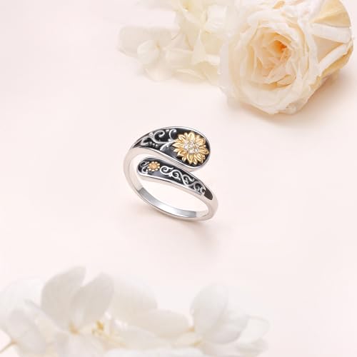 FLYOW Sterling Silver Sunflower Spoon Ring Victorian Style Boho Antique Flower Adjustable Open Ring Retro Statement Cubic Zirconial/Turquoise/Oxidized Thumb Rings for Women Birthday Christmas Jewelry - style: Cubic Zirconial-8