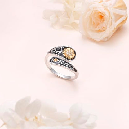 FLYOW Sterling Silver Sunflower Spoon Ring Victorian Style Boho Antique Flower Adjustable Open Ring Retro Statement Cubic Zirconial/Turquoise/Oxidized Thumb Rings for Women Birthday Christmas Jewelry - style: Cubic Zirconial-8