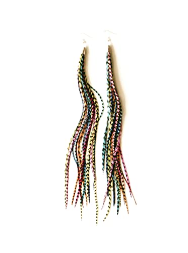 Bohemian handmade long lightweight feather dangle earrings for women - color: Rainbow
