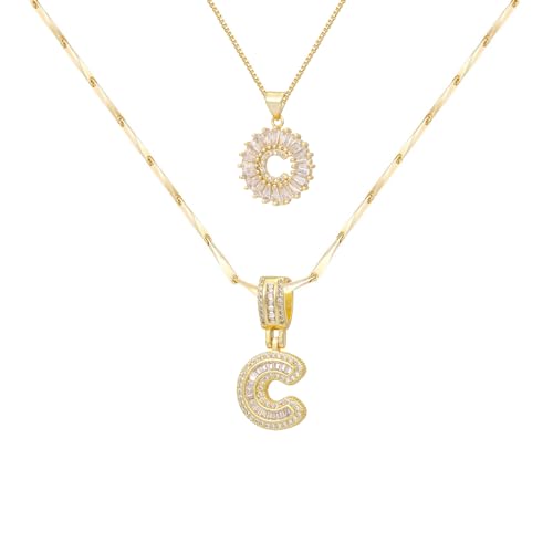 2PCS Initial Necklaces for Women, 14K Gold Plated Letter Pendant Set | Trendy Layered Bling Style, Meaningful Letter & Round CZ Pendant Design - color: Gold, style: Letter C