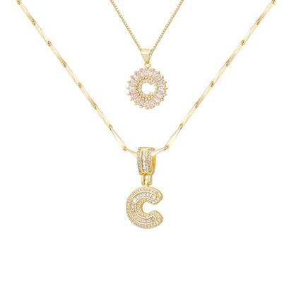2PCS Initial Necklaces for Women, 14K Gold Plated Letter Pendant Set | Trendy Layered Bling Style, Meaningful Letter & Round CZ Pendant Design - color: Gold, style: Letter C