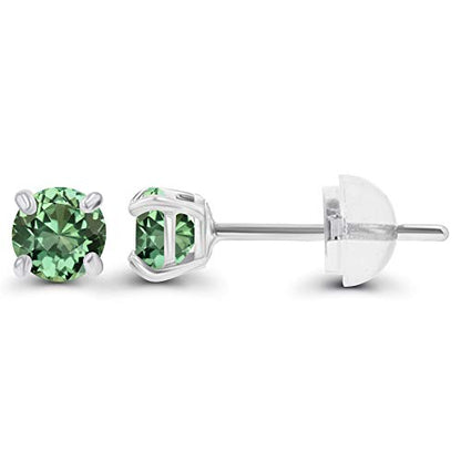 Solid 14K Gold 3mm Round Prong Set Hypoallergenic Genuine Petite Birthstone Stud Earrings - color: Created Green Sapphire