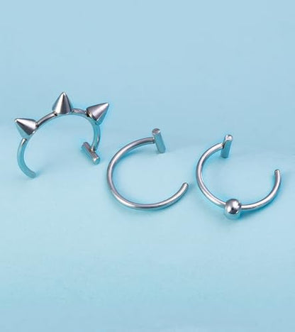 QWALIT Fake Nose Ring Fake Lip Piercing Fake Lip Ring Fake Nose Ring Hoop Fake Snake Bites Fake Lip Piercings Faux Lip Rings Fake Nose Piercing Clip on Nose Ring Spring - color: D5-3 styles-silver