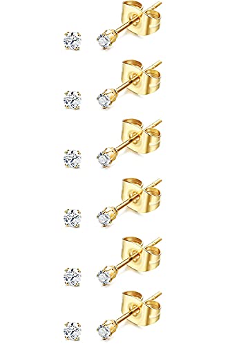 14K Gold Filled Polished Small CZ Pearl Ball Stud Earrings Set for Women Men 20G Surgical Steel Hypoallergenic Piercing Studs for Sensitive Ear, Pack of 6 Pairs - style: 2MM Gold Cubic Zirconia Studs Set