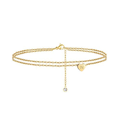 Heart Initial Ankle Bracelets for Women, 14K Gold Filled Handmade Dainty Layered Anklet Letter Initial Heart Ankle Bracelets for Women Beach Jewelry Gifts - style: N