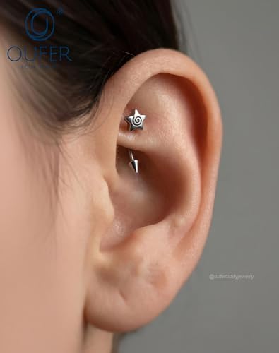 OUFER 16G Spiral Star Rook Piercing Jewelry Spike Curved Barbell Eyebrow Earrings 316L Surgical Stainless Steel 8mm Lip Tragus Helix Piercing Jewelry for Women Men