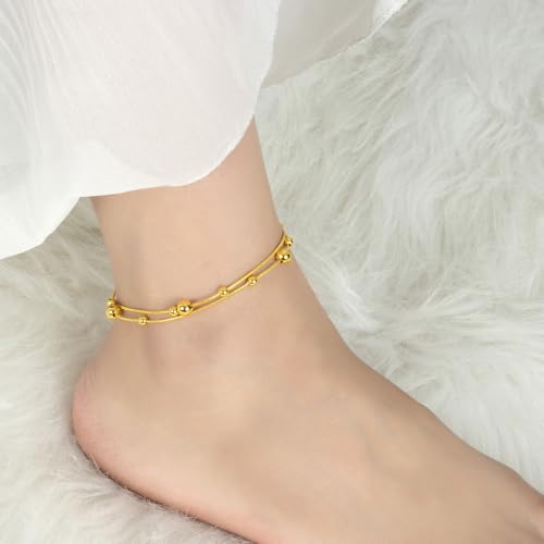Womens Anklet 925 Sterling Silver Layered Anklet Bracelet Dainty Beaded Foot Chain Adjustable Summer 24k Gold Plated Beach Jewelry Gift - color: Snake Chain Gold
