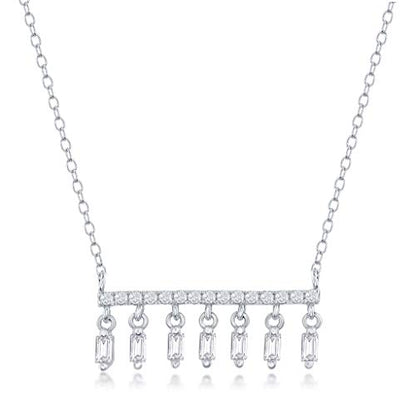 Horizontal Bar Necklace for Women, Sterling Silver or 14K Gold Plated Silver, Minimalist, CZ Diamond, Dainty Bar Pendant - Unique Jewelry Gift - style: Baguette Drop - Silver