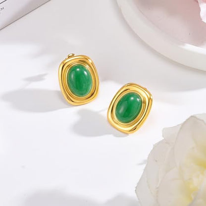 Chunky Gold Stud Earrings for Women 18K Gold Plated Hypoallergenic Chunky Statement Earrings Big Natural Crystal Stone Earring Gift for Women - color: Jade