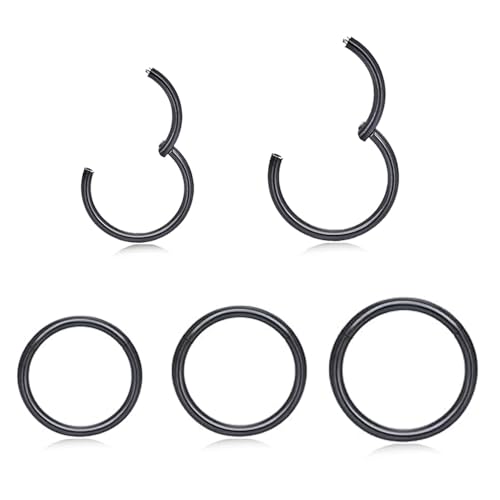 SEEDRILL 5pcs Hypoallergenic Nose Rings Hoops for Women Men 16G/18G/20G 316L Surgical Steel Hinged Clicker Segment for Nostril Septum Helix Cartilage Daith Tragus Conch Rook Lip Ear Lobe Earrings - color: Black, size: 18G - 5Pcs (6mm - 10mm)