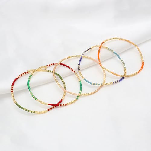 Gold Seed Beaded Stack Bracelets for Women,Handmade Stackable Stretch Colorful Ball Fall Jewelry Friendship Accessories Gift - color: 5pcs