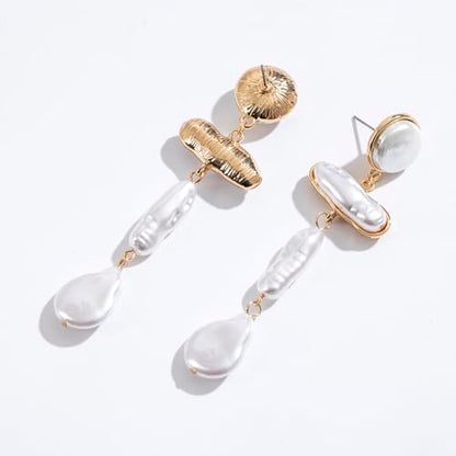 Statement Pearl Dangle Earrings,Gold and Large Pearl,Luxury Chandelier Organic Style Earrings - color: A gold and white