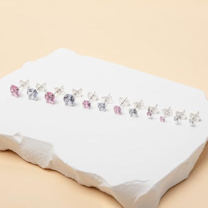 6 Pairs 925 Sterling Silver Stud Earrings Pack for Women White and Pink Cubic Zirconia Diamond Tragus Cartilage Earring Hypoallergenic Jewelry