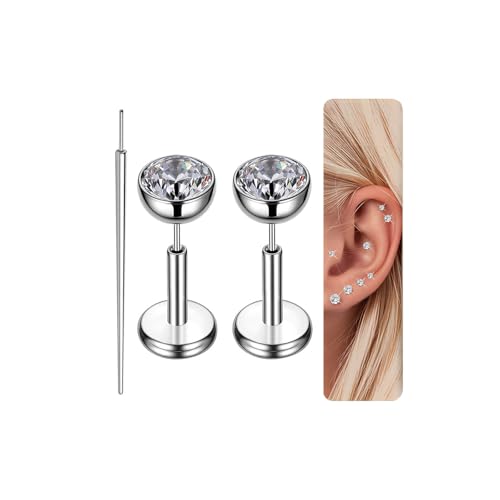 Gotumo 16G 18G 20G Flat Back Earrings Stud Titanium Threadless Nose Rings Tragus Labret Cartilage Lip Medusa Conch Body Piercing Jewelry Hypoallergenic for Women Men - color: Silver, size: 18G Bar Lengths 5mm & CZ 4mm