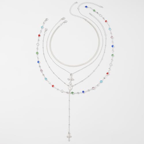 KURTCB Rhinestone Necklace for Women Boho Long Y Lariat Gold Necklace Stack Colorful Summer Beach Jewelry - color: Silver Cross Stone