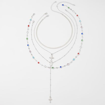 KURTCB Rhinestone Necklace for Women Boho Long Y Lariat Gold Necklace Stack Colorful Summer Beach Jewelry - color: Silver Cross Stone