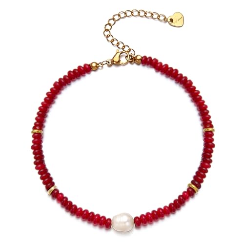 Gemstone Beaded Bracelets with Freshwater Pearl | Crystal Beaded Bracelet Boho Natural Stone Trendy Jewelry Gifts - color: Red