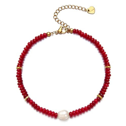 Gemstone Beaded Bracelets with Freshwater Pearl | Crystal Beaded Bracelet Boho Natural Stone Trendy Jewelry Gifts - color: Red
