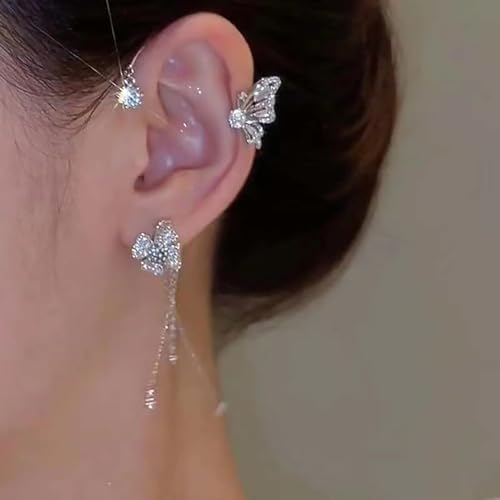 2Pcs Butterfly Ear Cuffs Rhinestone Clip On Earrings | Rhinestone butterfly ear cuffs with non piercing clip on design; silver ear wrap climber jewelry for parties and weddings - style: Style D Silver