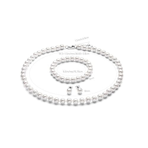 8mm Faux Pearl Necklace Set, Bracelet Earrings for Women & Girls | Glass Material, Handmade Jewelry Detail, Party & Formal Event Style - style: White 14.5 inches