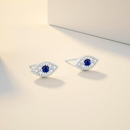 JIAYIQI Minimalist 925 Sterling Silver Stud Earrings Set, 14K Gold Plated Hypoallergenic Tiny Bar Dot Heart Star Studs for Women & Men - style: Silver-Devil's Eye-1 Pair