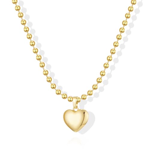 Gold Silver Necklace for Women, Dainty Cubic Zirconia Pendant | Teardrop CZ Charm, 14K Gold/Sterling Silver Plated, Adjustable Chain, Hypoallergenic & Waterproof Jewelry, Cute Trendy Gift - color: Gold-Puffy heart/ball chain