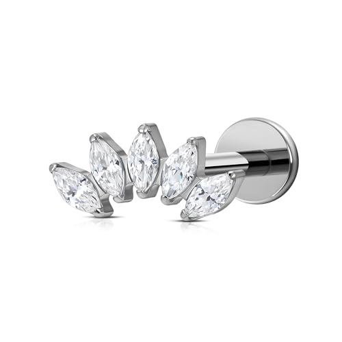 FINE4U 1PC ASTM F136 Titanium 16G Flatback Stud for Tragus, Helix, Conch 6mm 8mm - Screw on Cartilage Earring Piercing Jewelry - color: Five Marquise - Clear CZ - Tit