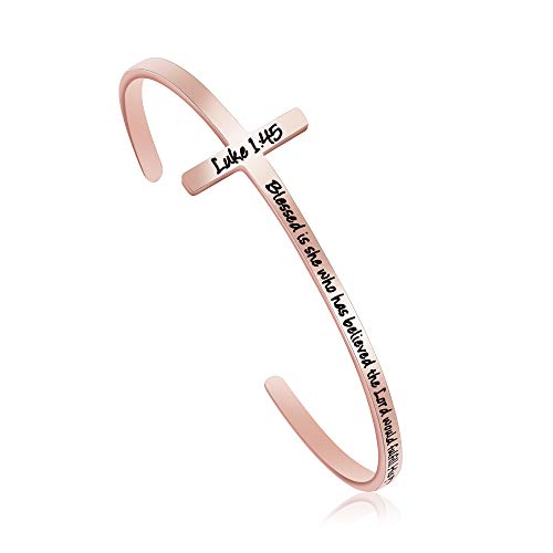 𝐂𝐫𝐨𝐬𝐬 𝐁𝐫𝐚𝐜𝐞𝐥𝐞𝐭 Religious Cuff Bangle 𝐁𝐢𝐛𝐥𝐞 𝐕𝐞𝐫𝐬𝐞 Christian Gifts Jewelry for 𝐖𝐨𝐦𝐞𝐧 - style: Rose gold-Blessed is she who has believed ... to her -Luke 1:45