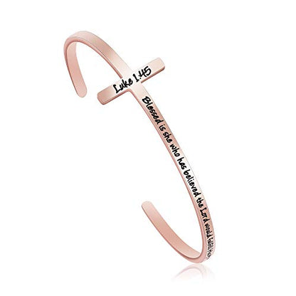 𝐂𝐫𝐨𝐬𝐬 𝐁𝐫𝐚𝐜𝐞𝐥𝐞𝐭 Religious Cuff Bangle 𝐁𝐢𝐛𝐥𝐞 𝐕𝐞𝐫𝐬𝐞 Christian Gifts Jewelry for 𝐖𝐨𝐦𝐞𝐧 - style: Rose gold-Blessed is she who has believed ... to her -Luke 1:45