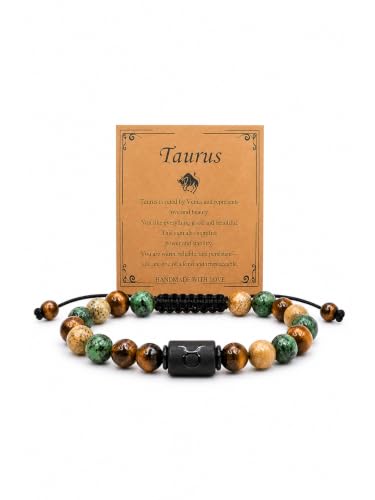 Zodiac Bracelet for Women and Men, Zodiac Sign Natural Stone Beaded Bracelet, Adjustable Horoscope Astrology Bracelet with Zodiac Card, Birthday Gift for Her Him - color: Taurus