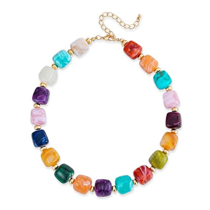 YUJIE Chunky Heart Pendant Necklace for Women- Exaggerated Statement Puff Heart Necklace with Acrylic Beaded Chain - color: A-rainbow suqare bead