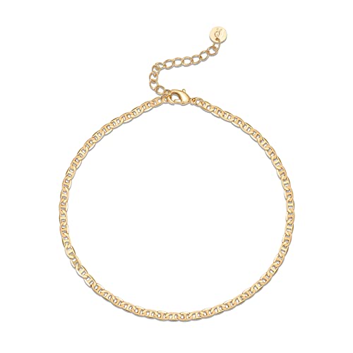 PAVOI 14K Gold Plated Chain Anklets for Women - Minimalist Link Chain Ankle Bracelet - Dainty Gold Anklets for Women - Trendy Summer Beach Jewelry Gifts - Snake, Figaro, Mariner, Paperclip, Beaded - style: Mariner