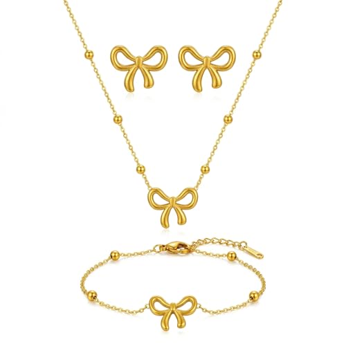 3 Pcs Gold Bow Jewelry Set - Dainty Ribbon Necklace. Outstanding Coquette Aesthetic Accessories Featuring Matching Bracelet Studs, Minimalist Beaded Satellite Chain