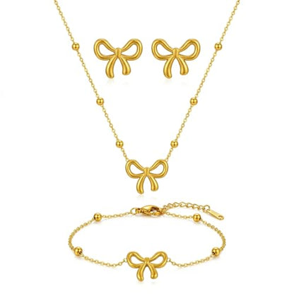 3 Pcs Gold Bow Jewelry Set - Dainty Ribbon Necklace. Outstanding Coquette Aesthetic Accessories Featuring Matching Bracelet Studs, Minimalist Beaded Satellite Chain