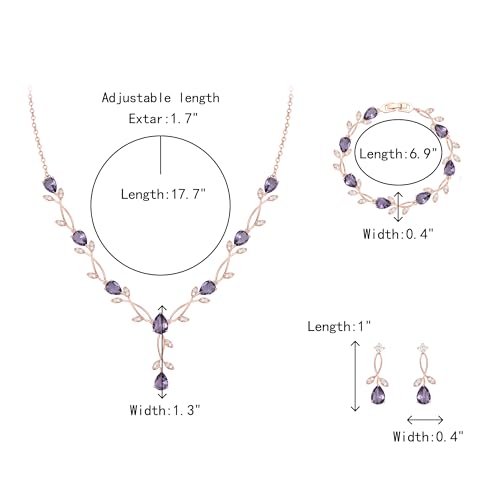 Crysdue Wedding Jewelry Set for Brides Bridesmaid, Cubic Zirconia Teardrop Marquise Leaf Cluster Pendant Necklace Bridal Tennis Bracelet Drop Earrings for Women Party Prom - style: A- CZ set-purple, rose gold