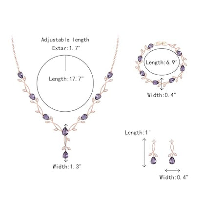 Crysdue Wedding Jewelry Set for Brides Bridesmaid, Cubic Zirconia Teardrop Marquise Leaf Cluster Pendant Necklace Bridal Tennis Bracelet Drop Earrings for Women Party Prom - style: A- CZ set-purple, rose gold