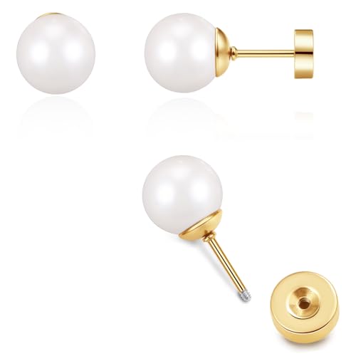 Pearl Earrings Studs for Women, 1 Pair Gold Filled Silver Hypoallergenic Titanium 20G Post with Screw Flat Back Small Pearls Jewelry Gift - color: Gold, size: 4mm Pearl
