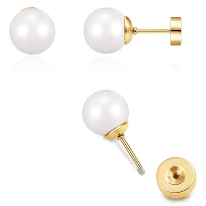 Pearl Earrings Studs for Women, 1 Pair Gold Filled Silver Hypoallergenic Titanium 20G Post with Screw Flat Back Small Pearls Jewelry Gift - color: Gold, size: 6mm Pearl