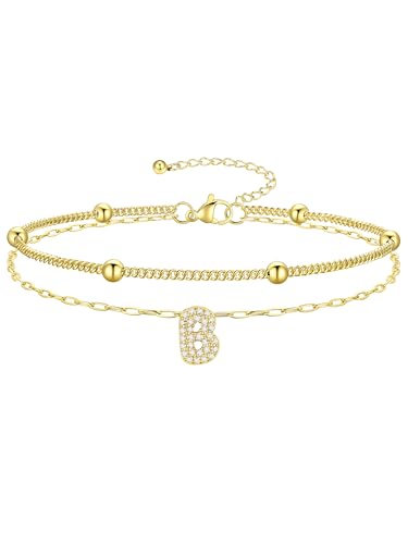 Richsteel Initial Ankle Bracelets for Women Waterproof, 14K Gold Plated/Silver Stainless Steel Anklets, Dainty Adjustable Layered Anklets with Bubble Letter, Non Tarnish Summer Beach Jewelry with Gift Box - color: B-Gold-Plated