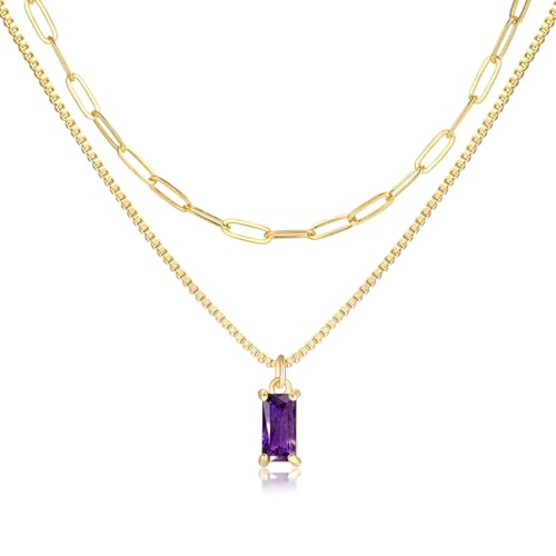 Dainty Gold Charm Necklaces for Women Non Tarnish, 14K Trendy Blue Green Cubic Zirconia Emerald Pendant Birthstone Necklaces Birthday Gifts for Women Waterproof Jewelry - color: 02-February(Amethyst)