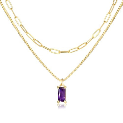 Dainty Gold Charm Necklaces for Women Non Tarnish, 14K Trendy Blue Green Cubic Zirconia Emerald Pendant Birthstone Necklaces Birthday Gifts for Women Waterproof Jewelry - color: 02-February(Amethyst)