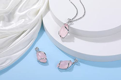 Jovivi Amethyst Rose Quartz Stone Necklace for Women Men, Full Wire Wrapped Natural Gemstone Reiki Healing Crystal Pendant Jewelry - color: Rose Quartz Crystal