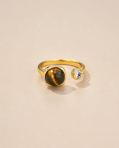 SNGIA 18K Gold Plated Adjustable Open Ring for Women Natural Stone CZ Statement Ring Tiger Eye Emerald Ruby Lapis Black Onyx Turquoise Evil Eye Boho Stackable Cocktail Ring Birthday Gift Jewelry - style: Tiger Eye
