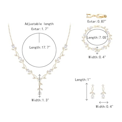 Crysdue Wedding Jewelry Set for Brides Bridesmaid, Cubic Zirconia Teardrop Marquise Leaf Cluster Pendant Necklace Bridal Tennis Bracelet Drop Earrings for Women Party Prom - style: A- CZ set- gold