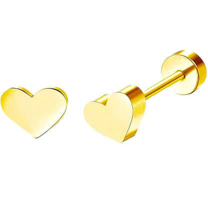 Stainless Steel Stud Earring 1 Pair Gold Flatback Earrings Hypoallergenic Screwback Jewellery Flat Back Helix Jewelry for Sensitive Ears Women Ladies Aretes De Mujer - style: Heart